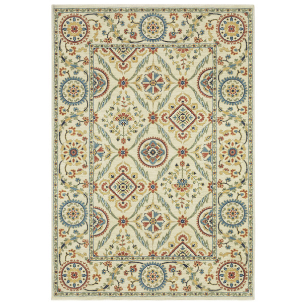 3' X 5' Ivory Blue And Burnt Orange Oriental Area Rug With Fringe