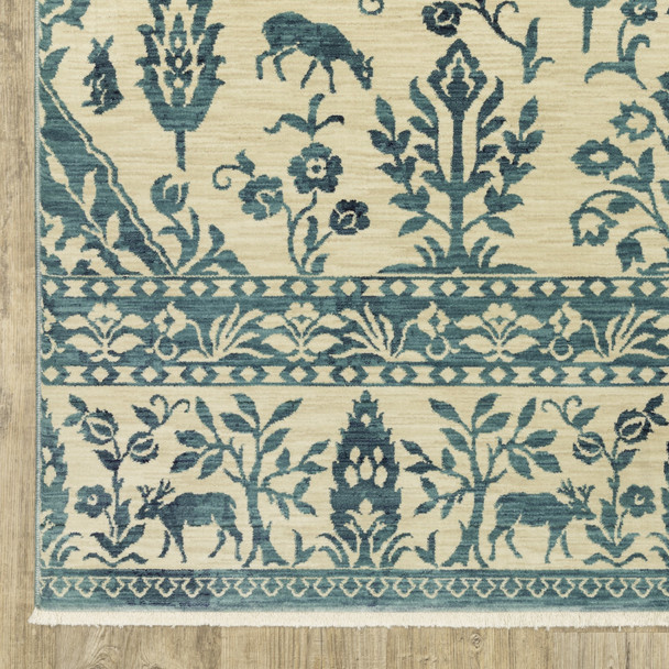 3' X 5' Ivory And Blue Oriental Area Rug With Fringe