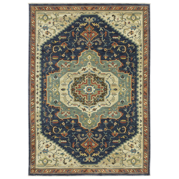 3' X 5' Blue Ivory And Gray Oriental Area Rug With Fringe