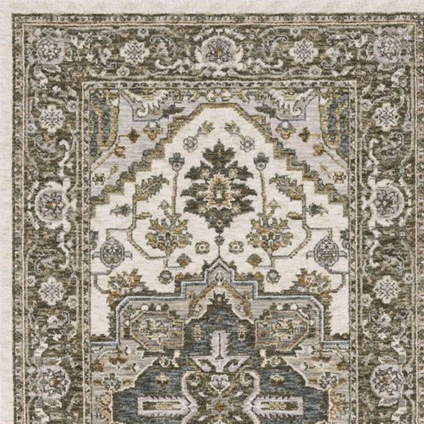 8' Ivory And Gold Medallion Runner Rug With Fringe