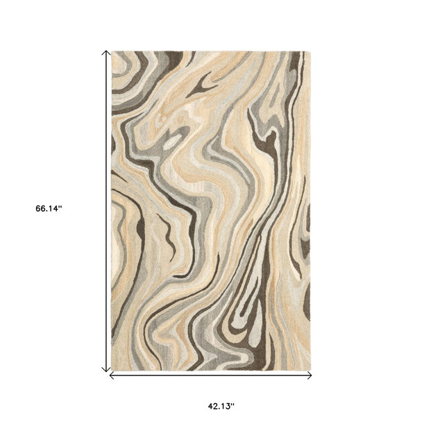 4' X 6' Beige And Charcoal Wool Abstract Hand Tufted Area Rug