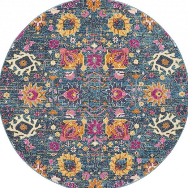 4' Blue And Orange Floral Distressed Round Rug