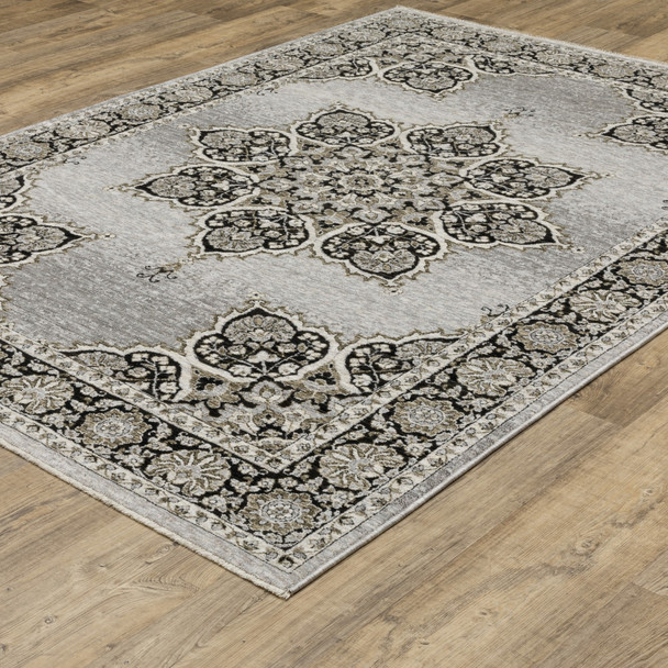 7' X 10' Gray And Black Medallion Area Rug With Fringe