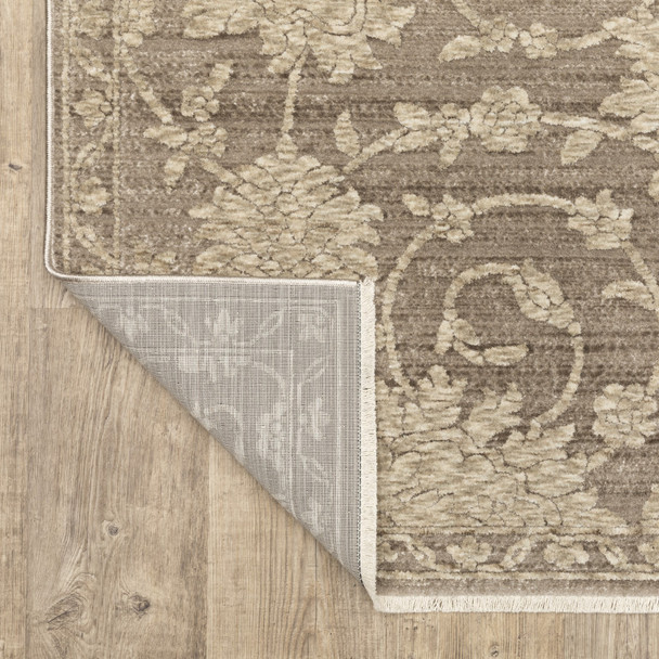 5' X 8' Gray And Beige Floral Area Rug With Fringe