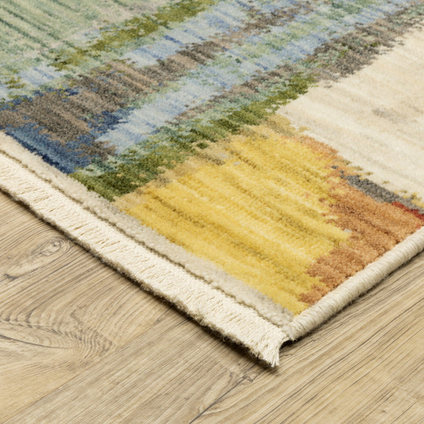 12' Pink Yellow And Dark Blue Abstract Runner Rug With Fringe