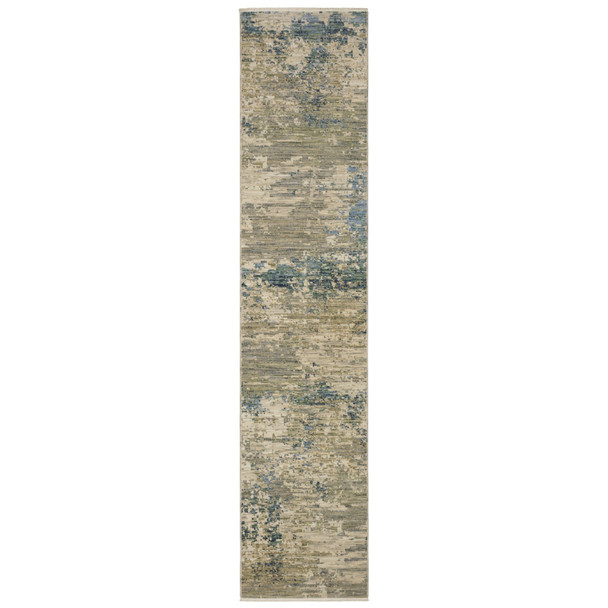 12' Beige And Blue Abstract Runner Rug With Fringe