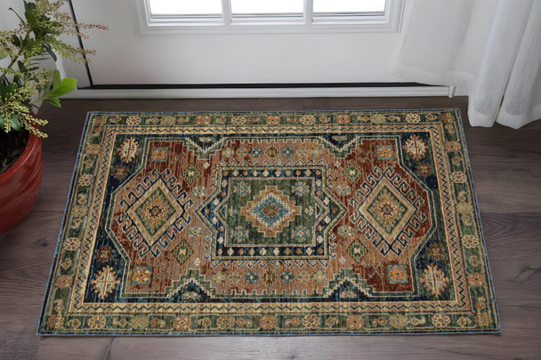 3' X 5' Blue Rust And Tan Tribal Area Rug