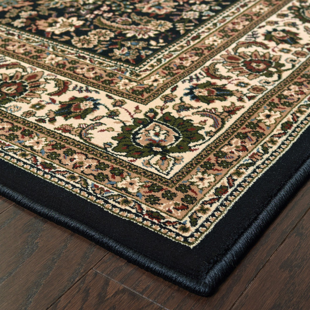 9' Black And Ivory Oriental Runner Rug