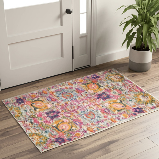 2' X 3' Silver Gray And Pink Floral Distressed Area Rug