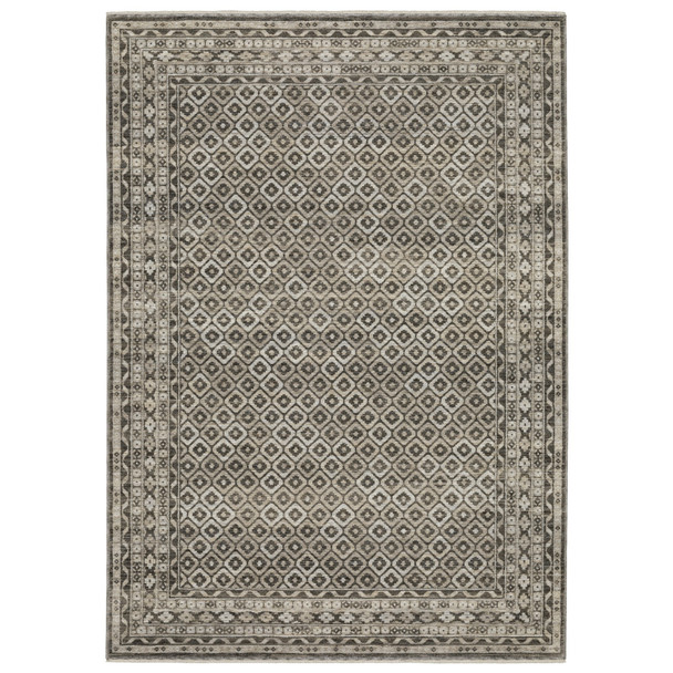10' X 13' Gray And Beige Diamond Area Rug With Fringe