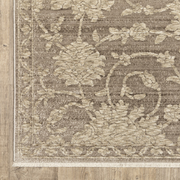 8' X 11' Gray And Beige Floral Area Rug With Fringe