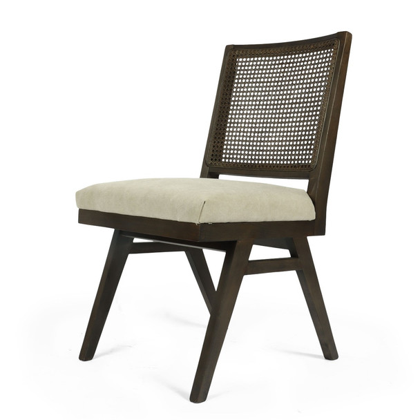 Set of Two Dark Brown And Gray Wood Cane And Upholstery Dining Side Chairs