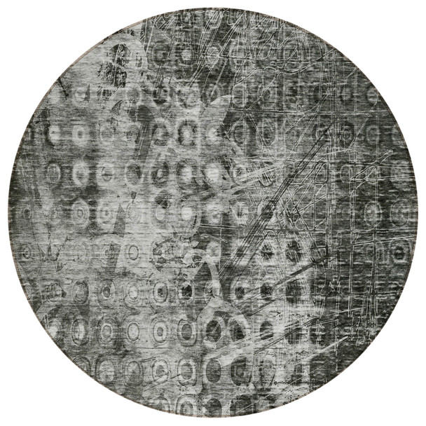 8' Charcoal Round Ikat Washable Indoor Outdoor Area Rug