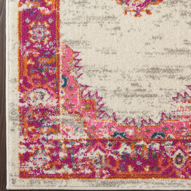 6' Ivory And Fuchsia Oriental Distressed Runner Rug