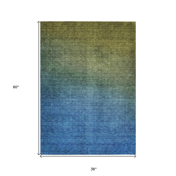 3' X 5' Olive Green Blue And Navy Blue Ombre Washable Indoor Outdoor Area Rug