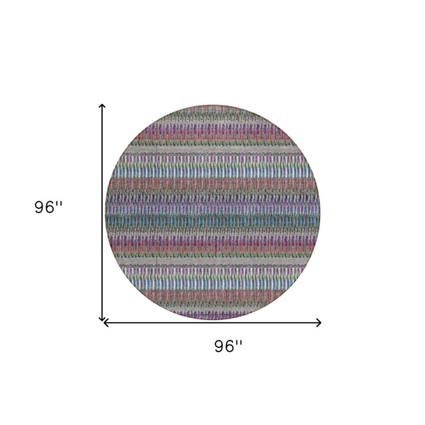 8' Taupe Purple And Blue Round Striped Washable Indoor Outdoor Area Rug