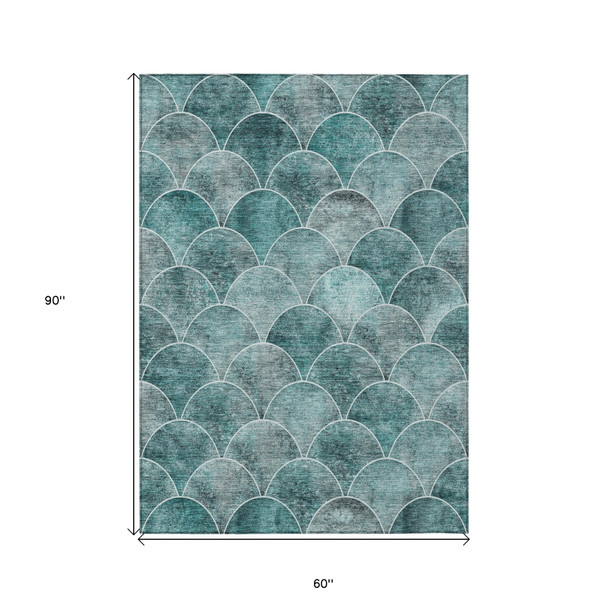 5' X 8' Teal Blue Aqua And Gray Abstract Washable Indoor Outdoor Area Rug
