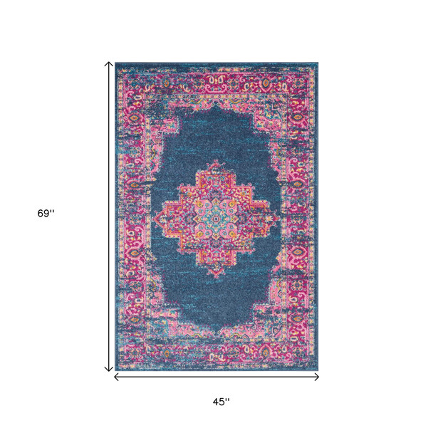 4' X 6' Blue And Pink Medallion Distressed Area Rug