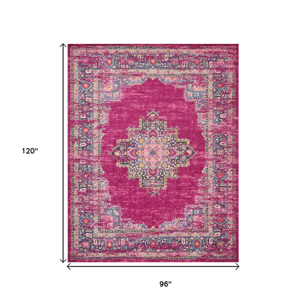 8' X 10' Fuchsia And Blue Oriental Distressed Area Rug
