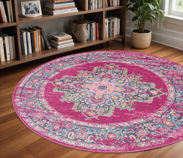 8' Fuchsia And Blue Oriental Distressed Round Rug