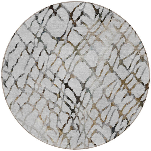 8' Silver Gray And Charcoal Round Abstract Washable Indoor Outdoor Area Rug