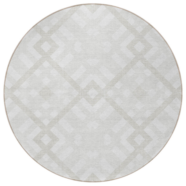 8' Ivory Beige And Tan Round Geometric Washable Indoor Outdoor Area Rug