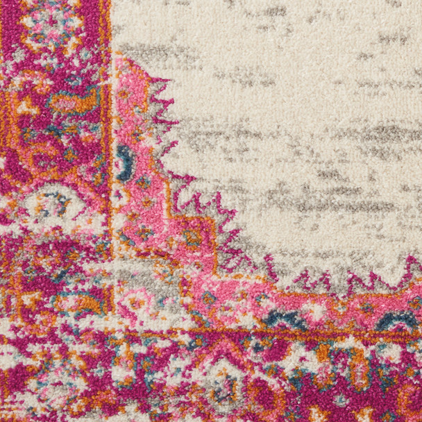 8' Ivory And Fuchsia Oriental Distressed Runner Rug