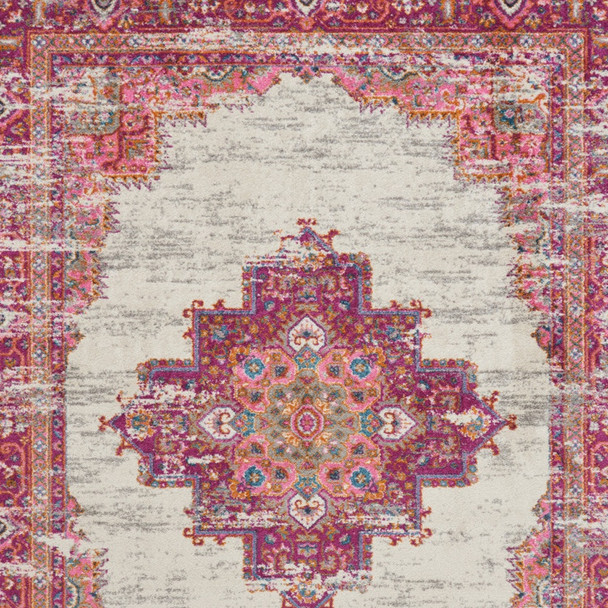 7' X 10' Ivory And Fuchsia Oriental Distressed Area Rug