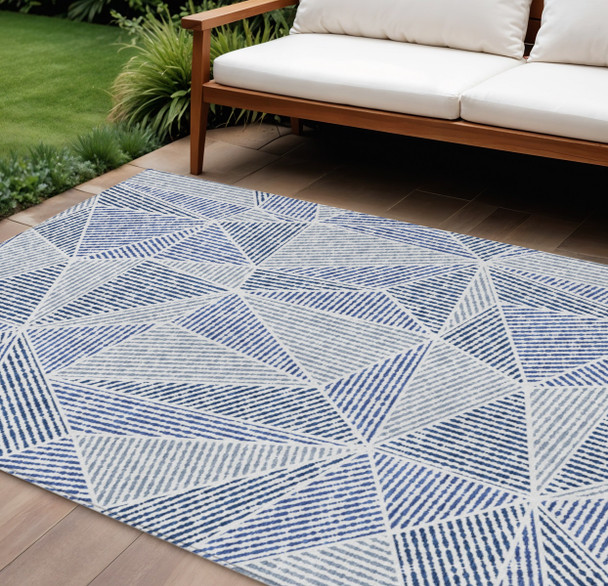 9' X 12' Navy Blue And Denim Blue Geometric Washable Indoor Outdoor Area Rug