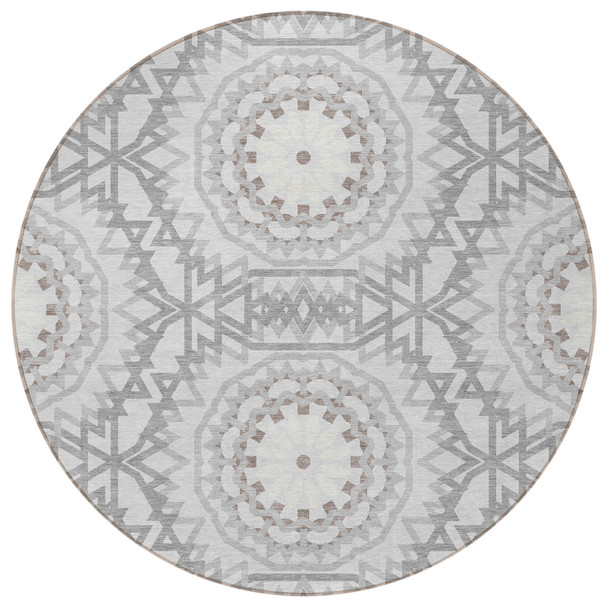 8' Silver Ivory And Gray Round Floral Medallion Washable Indoor Outdoor Area Rug