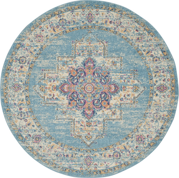 4' Blue And Ivory Southwestern Distressed Round Rug