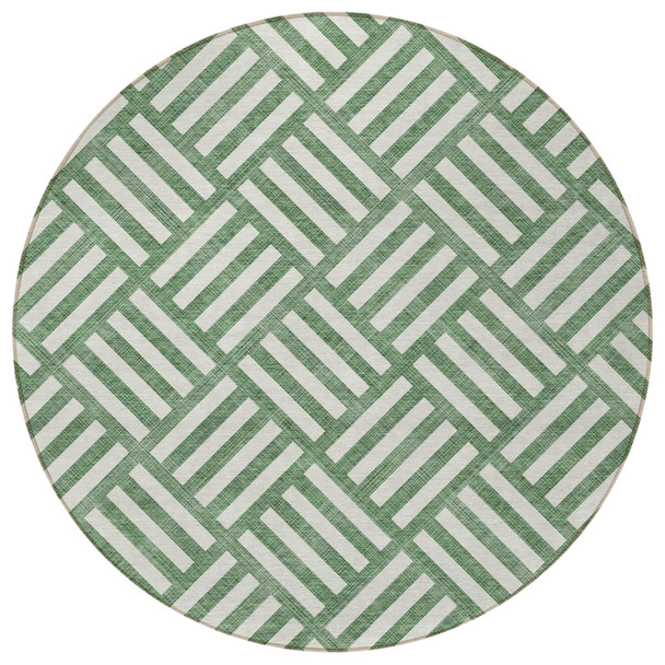 8' Green And Ivory Round Geometric Washable Indoor Outdoor Area Rug