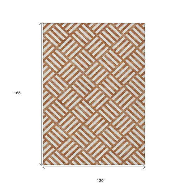 10' X 14' Orange And Ivory Geometric Washable Indoor Outdoor Area Rug