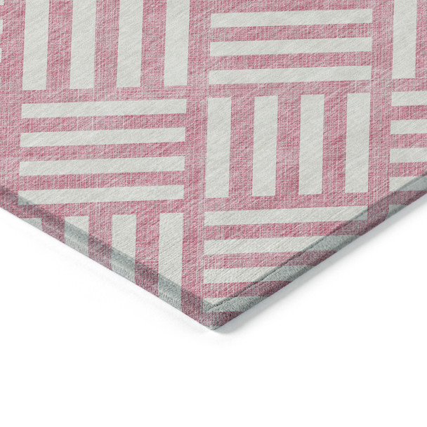 3' X 5' Pink And Ivory Geometric Washable Indoor Outdoor Area Rug