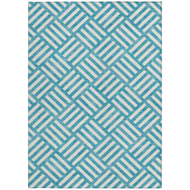 5' X 8' Teal Blue And Ivory Geometric Washable Indoor Outdoor Area Rug