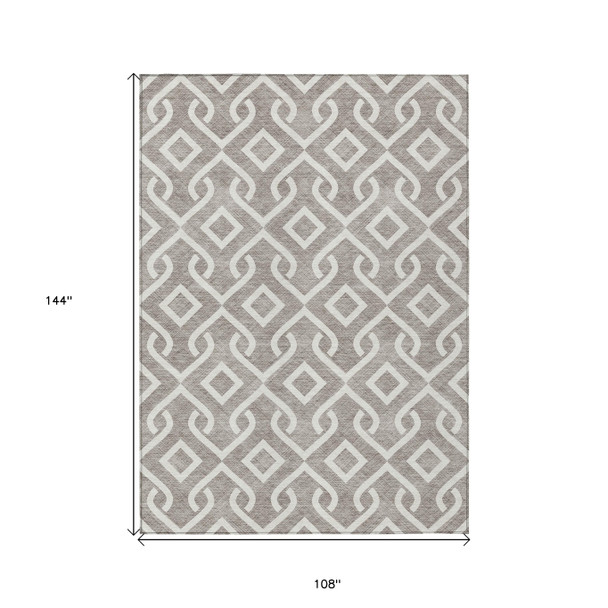 9' X 12' Taupe And Ivory Geometric Washable Indoor Outdoor Area Rug