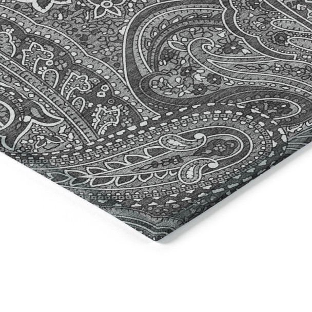 8' X 10' Gray Silver And Charcoal Paisley Washable Indoor Outdoor Area Rug