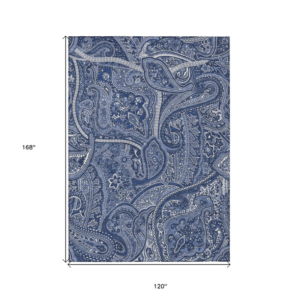 10' X 14' Navy Blue And Sky Blue Paisley Washable Indoor Outdoor Area Rug