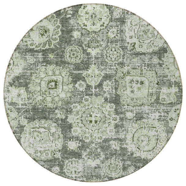8' Artichoke Green And Olive Green Round Floral Washable Indoor Outdoor Area Rug