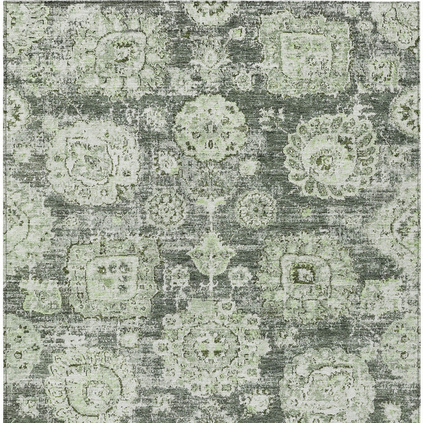 10' X 14' Artichoke Green And Olive Green Floral Washable Indoor Outdoor Area Rug