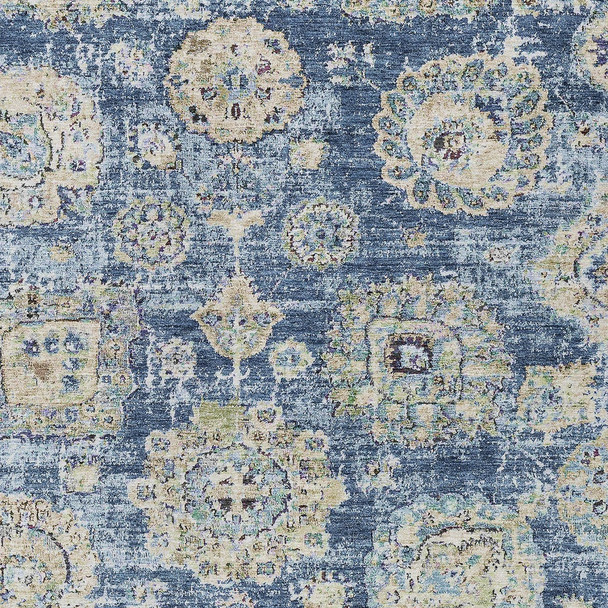 8' X 10' Navy Blue And Beige Floral Washable Indoor Outdoor Area Rug