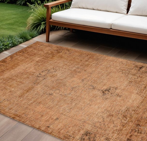 10' X 14' Copper Orange And Brown Oriental Washable Indoor Outdoor Area Rug
