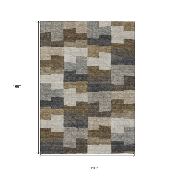 10' X 14' Brown Beige And Ivory Geometric Washable Indoor Outdoor Area Rug