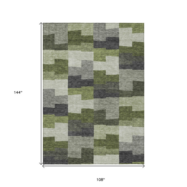 9' X 12' Olive Green And Artichoke Green Geometric Washable Indoor Outdoor Area Rug