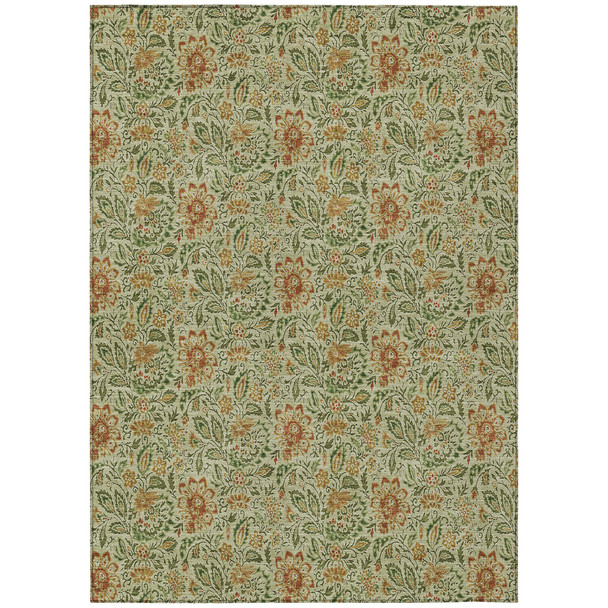 10' X 14' Green Copper And Sage Floral Washable Indoor Outdoor Area Rug