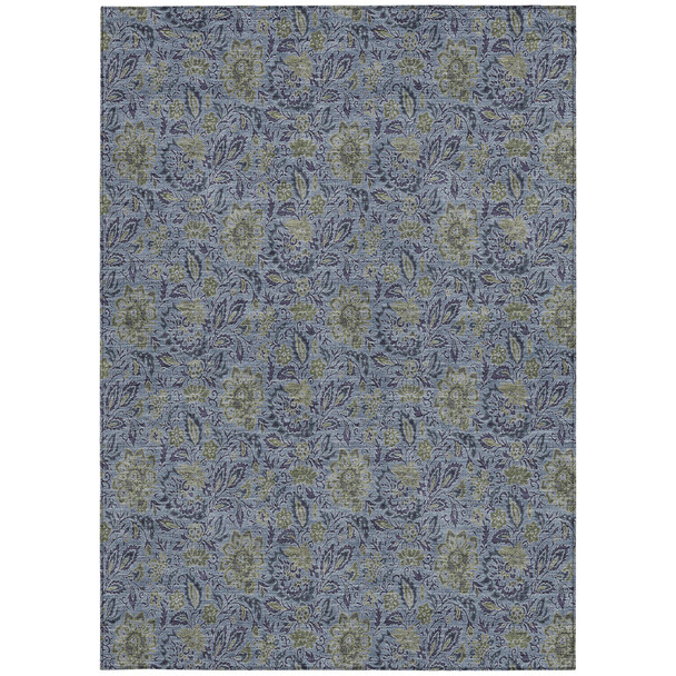 5' X 8' Denim Blue Navy Blue And Gray Floral Washable Indoor Outdoor Area Rug