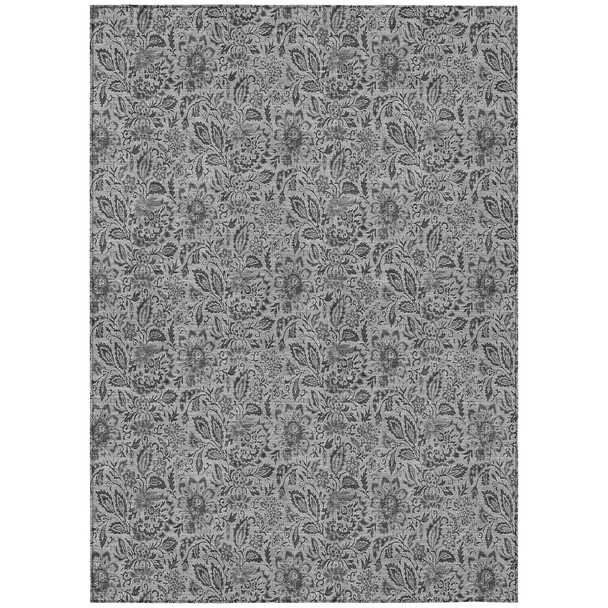 9' X 12' Gray Silver And Charcoal Floral Washable Indoor Outdoor Area Rug