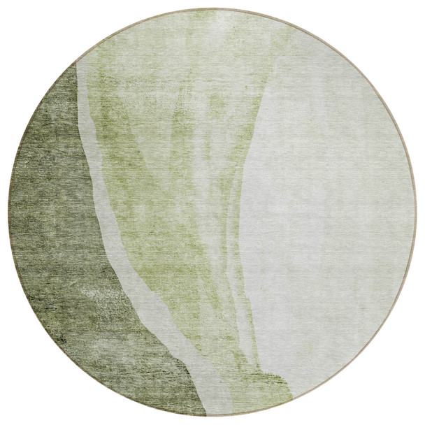 8' Olive Green And Beige Round Abstract Washable Indoor Outdoor Area Rug