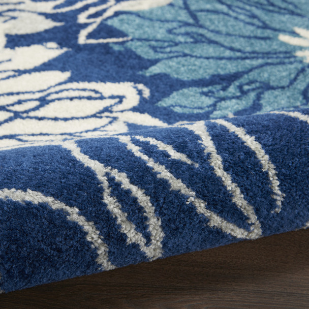 5' Blue And Ivory Floral Round Rug