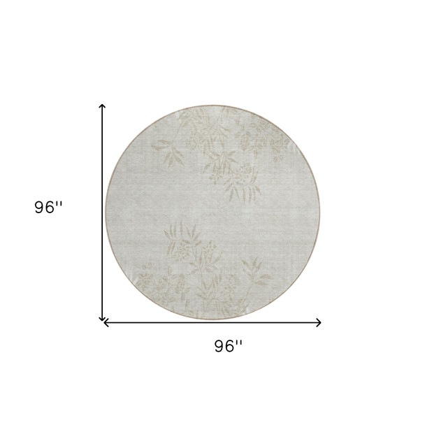 8' Beige Tan And Ivory Round Floral Washable Indoor Outdoor Area Rug